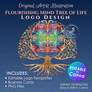 Flourishing Mind Tree of Life Therapist Logo & Business Card Bundle | Canva Templates for Therapists, Coaches, Mental Health Branding
