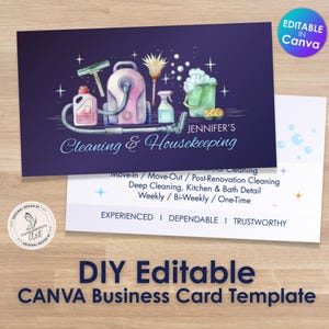 May include: A business card template featuring a watercolour illustration of cleaning equipment on a navy blue background. The card reads "JENNIFER'S Cleaning & Housekeeping" and "DIY Editable CANVA Business Card Template".