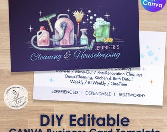 May include: A business card template featuring a watercolour illustration of cleaning equipment on a navy blue background. The card reads "JENNIFER'S Cleaning & Housekeeping" and "DIY Editable CANVA Business Card Template".