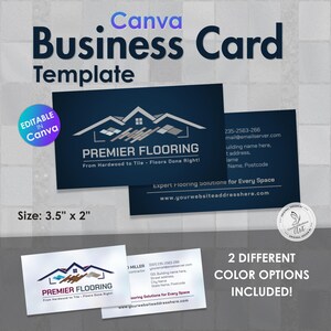 Op de afbeelding: Een Canva-visitekaartjessjabloon voor Premier Flooring, beschikbaar in twee kleuropties: donkerblauw en wit. Het ontwerp bevat een icoon van een huisdak, de tekst Premier Flooring en tijdelijke aanduidingen voor contactgegevens, met een afmeting van 8,89 cm bij 5,08 cm.