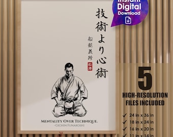 May include: A framed print featuring a seated martial artist in a gi, with Japanese text and the English phrase "MENTALITY OVER TECHNIQUE." Includes a digital download icon and a list of high-resolution file sizes: 24x36 in, 18x24 in, 16x20 in, 11x14 in, and 594mm x 841mm.