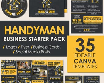 Handyman Business Canva Template Bundle: Logo, Flyer, Social Media Posts (Instant Download)