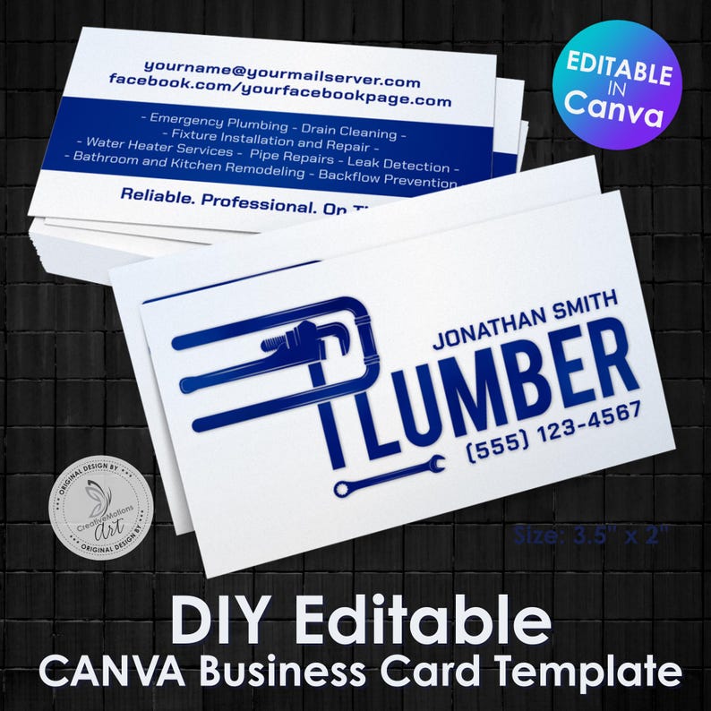 Give your plumbing business a professional edge with this fully editable business card template, designed specifically for plumbers and plumbing service providers. Easily customize the text, colors, and layout in Canva - no design skills needed. Perfect for tradespeople looking to stand out with a clean, modern, and functional business card. This downloadable template makes branding simple, fast, and affordable.