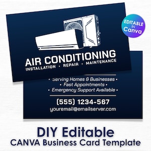 Può includere: Modello di biglietto da visita blu navy con un'illustrazione bianca di un condizionatore d'aria. La scheda include "AIR CONDITIONING" e dettagli del servizio. Sono incluse anche le informazioni di contatto e un'etichetta di modifica di Canva.