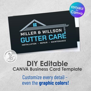 Modello di biglietto da visita per la cura delle grondaie: design moderno, modificabile, Canva (download immediato)
