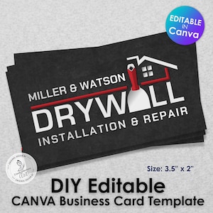 Puede incluir: Plantilla de tarjeta de visita negra con el texto "MILLER & WATSON DRYWALL INSTALLATION & REPAIR". La tarjeta también incluye un gráfico de una casa y herramientas de paneles de yeso. El tamaño es de 8,89 cm x 5,08 cm. Editable en Canva.