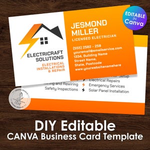 Electrician Business Card Template: Modern Orange & White Design (Canva Editable, Digital Download)