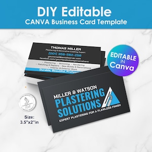 Modèle Canva modifiable de carte de visite de services de plâtrage pour les plâtriers, les spécialistes de l'enduit et les entrepreneurs.