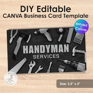 Plantilla de tarjeta de presentación para personal de mantenimiento: diseño artístico en blanco y negro, reparaciones del hogar, carpintería y plomería. Plantilla editable de Canva.
