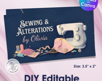 Watercolor Sewing Machine Business Card Template: Editable Canva Design (Digital Download)