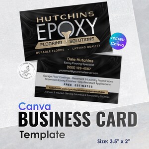 Peut inclure: Un modèle de carte de visite rectangulaire avec un fond en marbre noir et du texte doré et argenté. Le recto affiche Hutchins Epoxy Flooring Solutions avec un graphique d'époxy coulant. Le verso inclut les coordonnées et les services.