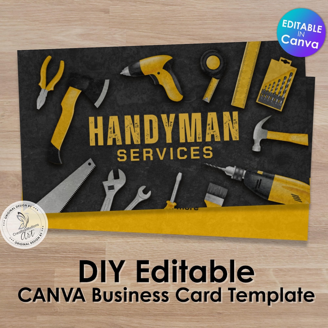 Handyman Business Card Template Bold Black & Yellow, Editable Canva
