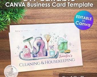 Modello di biglietto da visita per servizi di pulizia: design ad acquerello, modello Canva modificabile