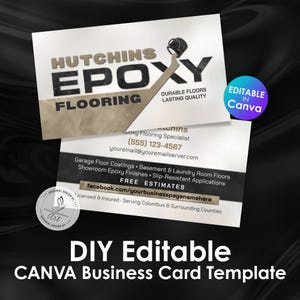 Peut inclure: Un modèle de carte de visite pour Hutchins Epoxy Flooring avec un design noir et doré. La carte présente des coordonnées, des détails de services comme les revêtements de sol de garage et un badge bleu indiquant Editable in Canva.