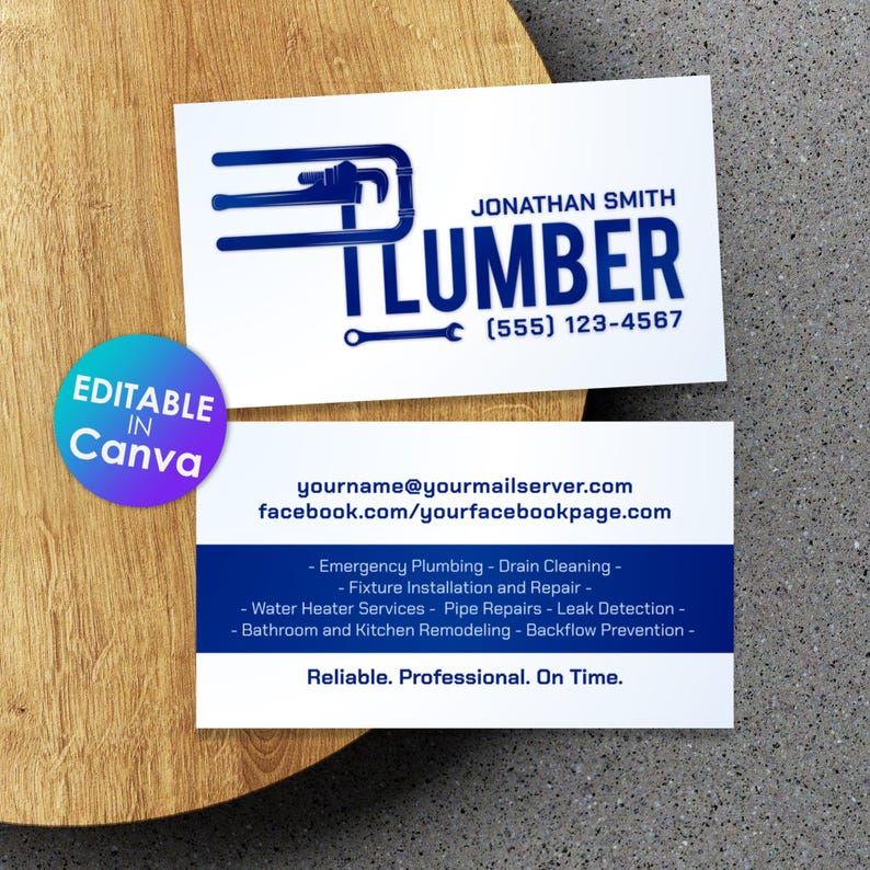 Give your plumbing business a professional edge with this fully editable business card template, designed specifically for plumbers and plumbing service providers. Easily customize the text, colors, and layout in Canva - no design skills needed. Perfect for tradespeople looking to stand out with a clean, modern, and functional business card. This downloadable template makes branding simple, fast, and affordable.