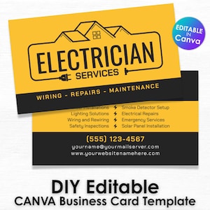 Visitenkarten Vorlage für Elektriker - Gelb-Schwarzes Design - Moderne Canva-Vorlage für Verkabelungen, Reparaturen und Wartungsarbeiten