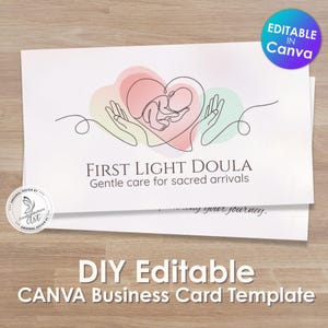 Sjabloon Doula-visitekaartje, bewerkbaar canvas, geboortecoach verloskundige, modern minimalistisch ontwerp, ondersteuning nieuwe moeder, direct downloaden