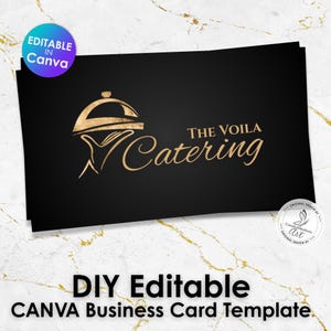 Elegante Gastronomie Visitenkarte Vorlage | Klassisches Schwarz-Gold-Canva-Design für persönliche Köche und Event-Caterer | Sofort Download