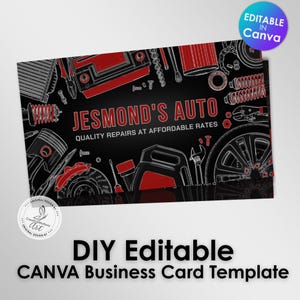 Sjabloon voor visitekaartjes automonteur | Gedurfd rood en zwart ontwerp met rand voor auto-onderdelen | Bewerkbaar canvas | Garage- en reparatieservices