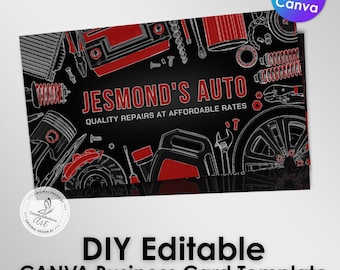 Auto Mechanic Business Card Template | Bold Red and Black Design with Car Parts Border | Canva Editable | Garage & Repair Services