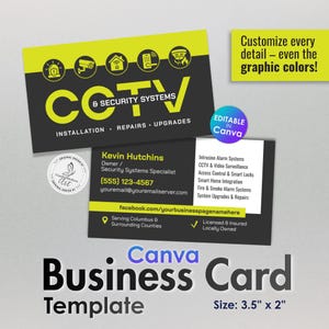 Peut inclure: Un modèle de carte de visite noir et vert citron pour systèmes de sécurité et vidéosurveillance. La carte affiche les coordonnées de Kevin Hutchins, des services comme les alarmes anti-intrusion et une étiquette de taille 3,5 x 2 pouces.
