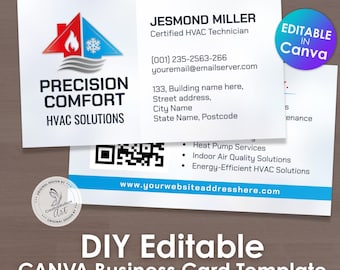 HVAC Business Card Template, Editable Canva, Heating Cooling Repair Service, Modern Design, Instant Download