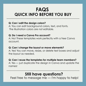Pu&ograve; includere: Grafica azzurra con il testo "FAQS QUICK INFO BEFORE YOU BUY". La grafica risponde a domande sulla modifica dei colori del design, sugli account Canva Pro, sulle modifiche del layout e sul riutilizzo dei modelli. Il testo &egrave; nero.