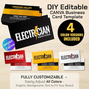 Electrician - Electrical Contractor Business Card Canva Template | 4 Color Variations | Editable Logo & Text