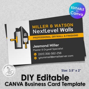 Puede incluir: Una plantilla de tarjeta de visita con un diseño en blanco y negro. La tarjeta presenta el texto "MILLER & WATSON NextLevel Walls" y "PROFESSIONAL DRYWALL & FINISHING". La tarjeta mide 8,89 cm x 5,08 cm y es editable en Canva. La tarjeta también incluye información de contacto.