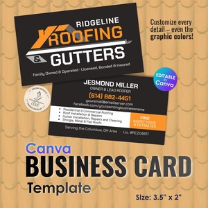 May include: A black and orange business card template for Ridgeline Roofing & Gutters, featuring contact details for Jesmond Miller, owner and lead roofer. The card includes a list of services, phone number, email, and website, measuring 8.89 cm by 5.08 cm.