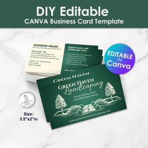 May include: Green Haven Landscaping business card template with a green background and white text. The card features a drawing of a landscaped yard with trees, bushes, and a walkway. The text on the card reads "Green Haven Landscaping" and "Turning Ordinary Yards into Extraordinary Spaces". The card also includes the website address "www.greenhavenlandscaping.com".