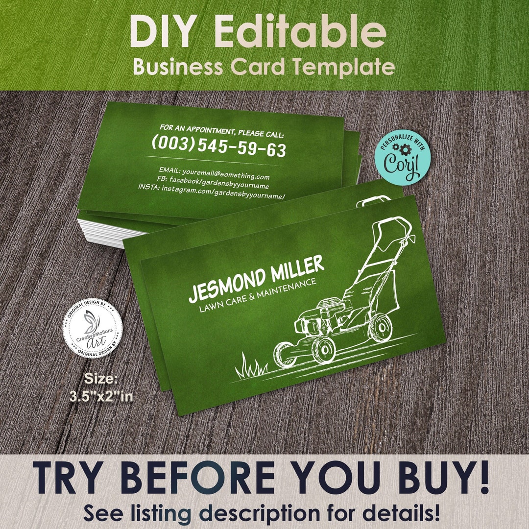 Lawnmower Drawing Business Card Editable Corjl Template for Gardener ...