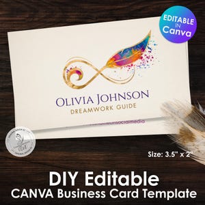 Plantilla de tarjeta de presentación con símbolo de infinito y pluma (Canva) / Trabajo con sueños, sanación del alma, acompañamiento para el duelo, Reiki / Estilo dorado y acuarela