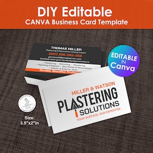 Modèle Canva modifiable de carte de visite de services de plâtrage pour les plâtriers, les spécialistes de l'enduit et les entrepreneurs.