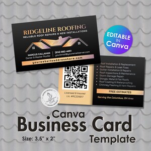 May include: A black and peach business card template for Ridgeline Roofing featuring a house graphic, contact details, a QR code, and a list of services including roof repairs and installations. The card measures 3.5 inches by 2 inches.