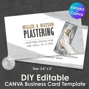 Puede incluir: Plantilla de tarjeta de visita editable para servicios de enlucido. La tarjeta presenta el texto "MILLER & WATSON PLASTERING" y "CRAFTING PERFECTION, ONE WALL AT A TIME". La tarjeta mide 8,89 cm x 5,08 cm e incluye una ilustración de una mano usando una llana.