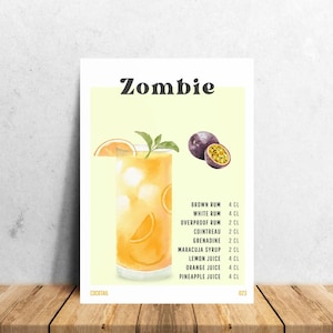 Zombie-Poster, Cocktaildruck, Cocktailbar-Warenkorb-Druck, digitaler Download, Trinkrezepte-Poster, minimalistischer Alkoholdruck