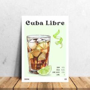 Cuba Libre Poster, Cocktail Print, Cocktail Bar Cart Print, Digitale Download, Drink Recept Poster, Minimalistische Alcohol Print