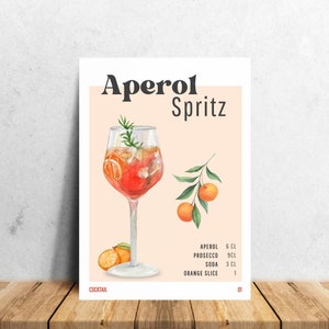 Aperol Spritz Poster, Cocktail Print, Cocktail Bar Cart Print, Digitale Download, Drink Recept Poster, Minimalistische Alcohol Print