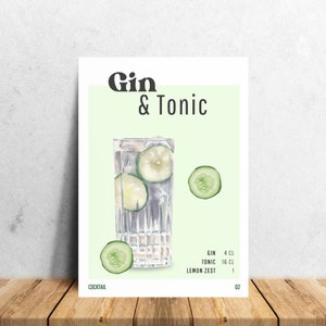 Gin & Tonic Poster, Cocktail Print, Cocktail Bar Cart Print, Digitale Download, Drink Recept Poster, Minimalistische Alcohol Print