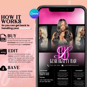 Pode incluir: Um modelo de design gr&aacute;fico rosa e preto para um sal&atilde;o de beleza chamado Lush Beauty Bar. O modelo inclui o nome do sal&atilde;o, o n&uacute;mero de telefone, o endere&ccedil;o de e-mail, a localiza&ccedil;&atilde;o, o hor&aacute;rio e os servi&ccedil;os oferecidos. O modelo tamb&eacute;m inclui uma mensagem de boas-vindas e uma descri&ccedil;&atilde;o de como comprar e editar o modelo.