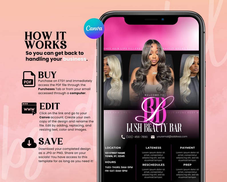 Pode incluir: Um modelo de design gr&aacute;fico rosa e preto para um sal&atilde;o de beleza chamado Lush Beauty Bar. O modelo inclui o nome do sal&atilde;o, o n&uacute;mero de telefone, o endere&ccedil;o de e-mail, a localiza&ccedil;&atilde;o, o hor&aacute;rio e os servi&ccedil;os oferecidos. O modelo tamb&eacute;m inclui uma mensagem de boas-vindas e uma descri&ccedil;&atilde;o de como comprar e editar o modelo.