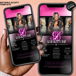 Pode incluir: A tela de um telefone m&oacute;vel rosa e preto exibindo um an&uacute;ncio de neg&oacute;cios para Lush Beauty Bar. O an&uacute;ncio apresenta um logotipo rosa e preto, informa&ccedil;&otilde;es de contato e uma se&ccedil;&atilde;o para agendamento de consultas. O an&uacute;ncio tamb&eacute;m inclui imagens de mulheres com cabelos longos e estilizados.