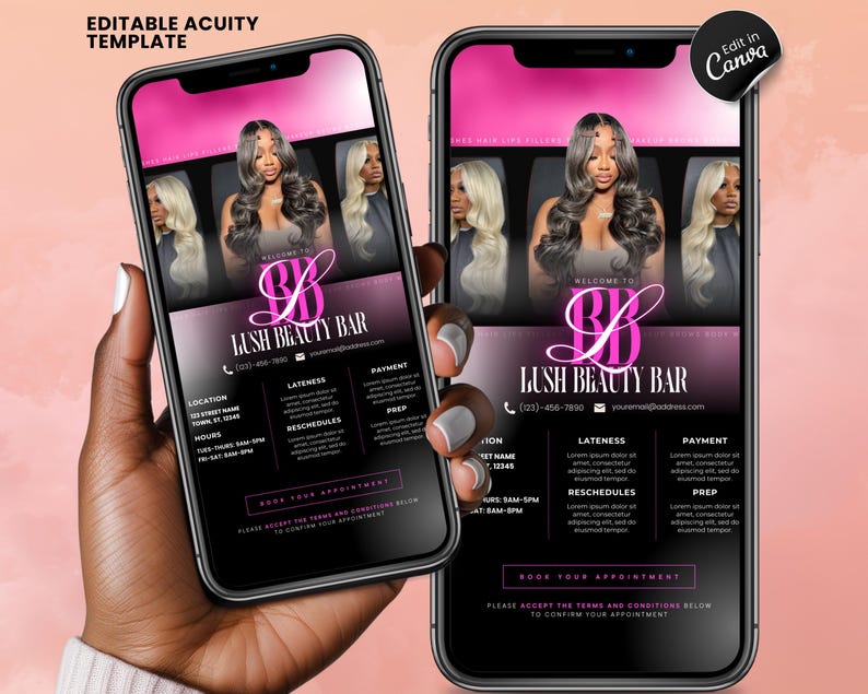 Pode incluir: A tela de um telefone m&oacute;vel rosa e preto exibindo um an&uacute;ncio de neg&oacute;cios para Lush Beauty Bar. O an&uacute;ncio apresenta um logotipo rosa e preto, informa&ccedil;&otilde;es de contato e uma se&ccedil;&atilde;o para agendamento de consultas. O an&uacute;ncio tamb&eacute;m inclui imagens de mulheres com cabelos longos e estilizados.