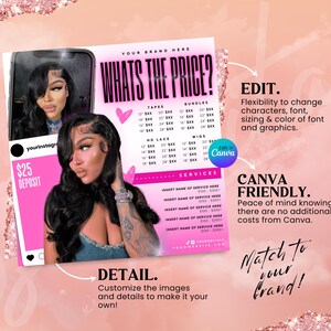May include: Pink and white graphic with the text "What's the Price?" and a price list for hair extensions. The graphic also includes the text "Edit in Canva" and "Canva Friendly".
