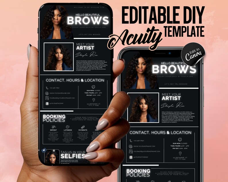 Szablon harmonogramu Acuity, Witryna rezerwacyjna Acuity, Szablon harmonogramu Acuity Brow Tech, Stylista fryzur, Technik rzęs, MUA, Szablon Acuity Canva zdjęcie 3