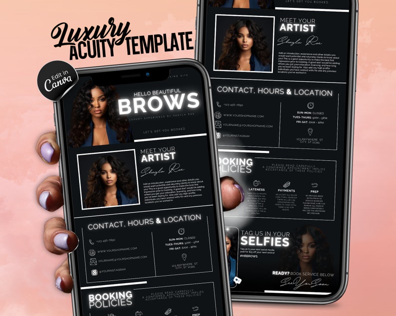 Szablon harmonogramu Acuity, Witryna rezerwacyjna Acuity, Szablon harmonogramu Acuity Brow Tech, Stylista fryzur, Technik rzęs, MUA, Szablon Acuity Canva zdjęcie 1