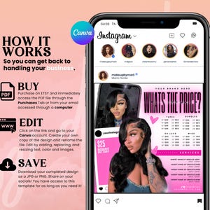 May include: A pink and white Instagram post template for a hair salon or stylist. The template features a photo of a woman with long black hair, a price list for hair extensions, and the text "WHAT'S THE PRICE?" in pink and white letters.