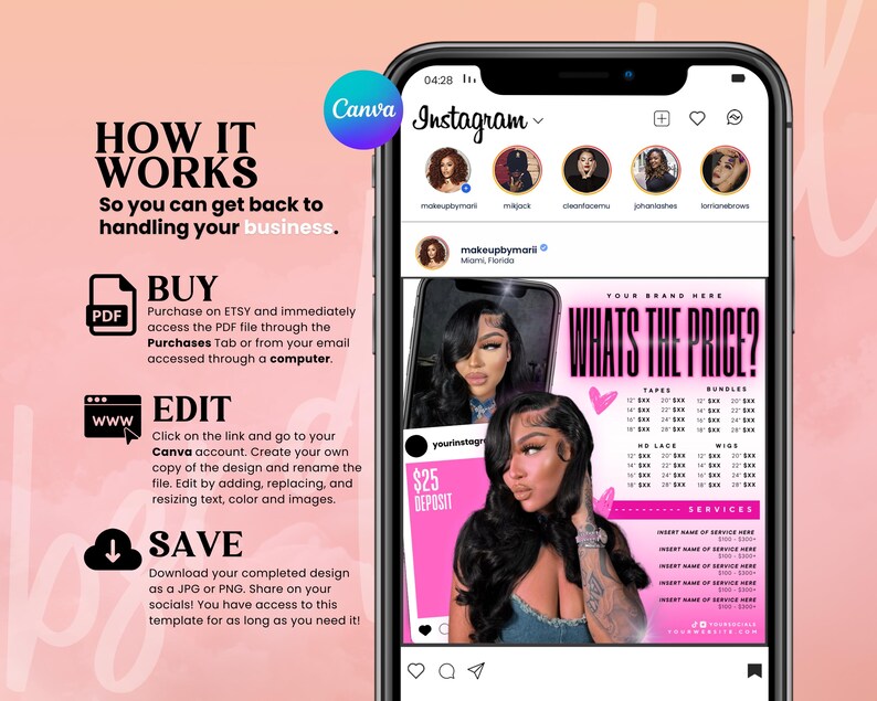 May include: A pink and white Instagram post template for a hair salon or stylist. The template features a photo of a woman with long black hair, a price list for hair extensions, and the text "WHAT'S THE PRICE?" in pink and white letters.