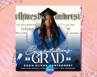 Volantino di laurea, festa di laurea, invito di laurea, volantino di congratulazioni al laureato, volantino della classe del 2024, annuncio di laurea, fai da te Canva